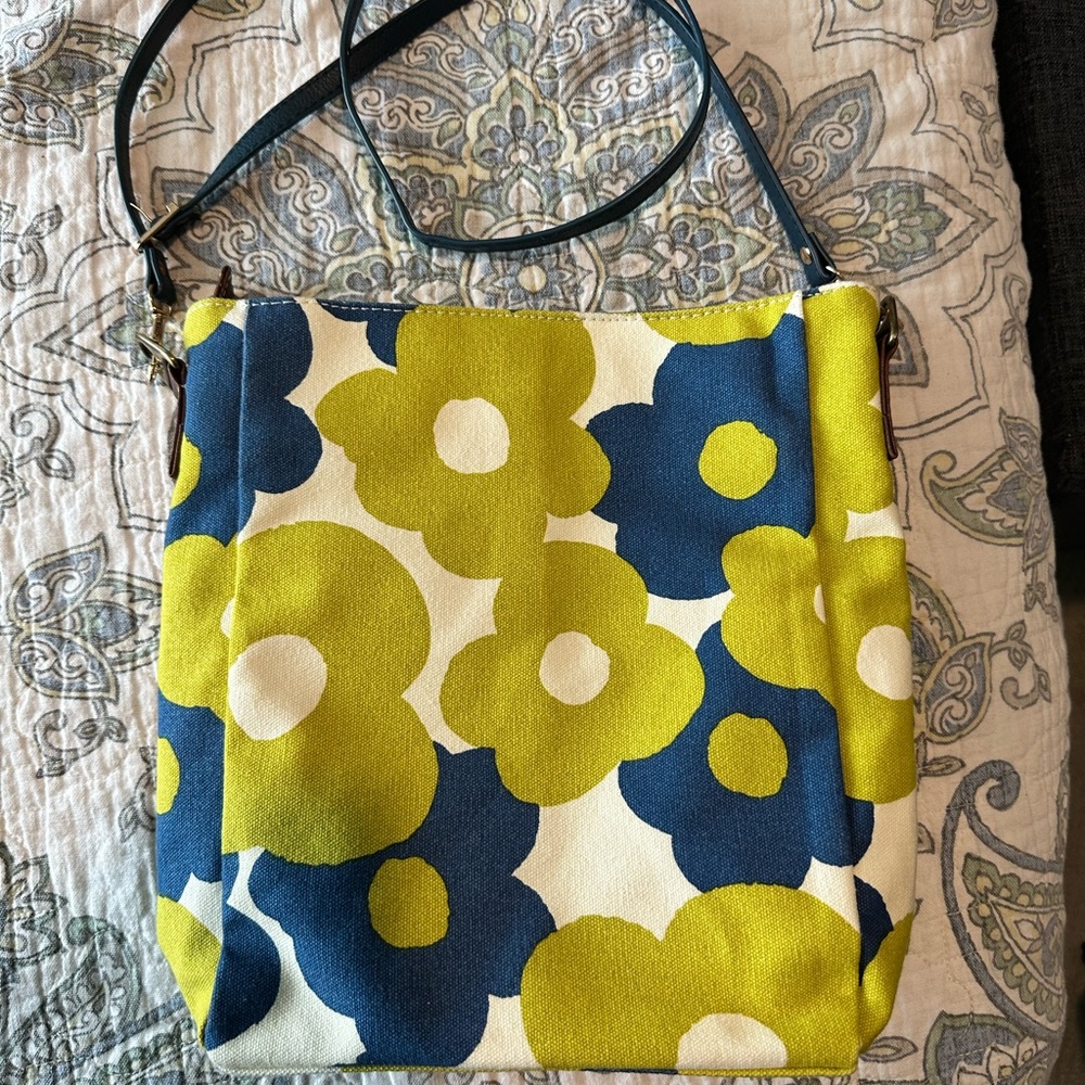 Floral Canvas Crossbody Bag in Lime Green & Navy